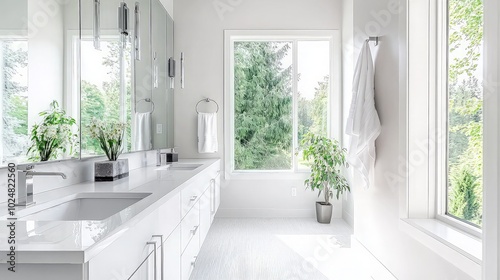 A modern bathroom with a double vanity, white cabinets, and a large window overlooking a lush green landscape.