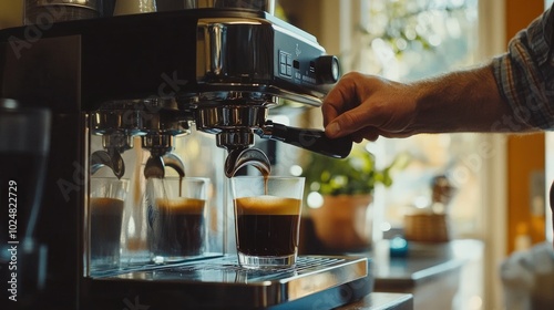 A man's hand pulling the lever on an espresso machine, pouring espresso into a glass.