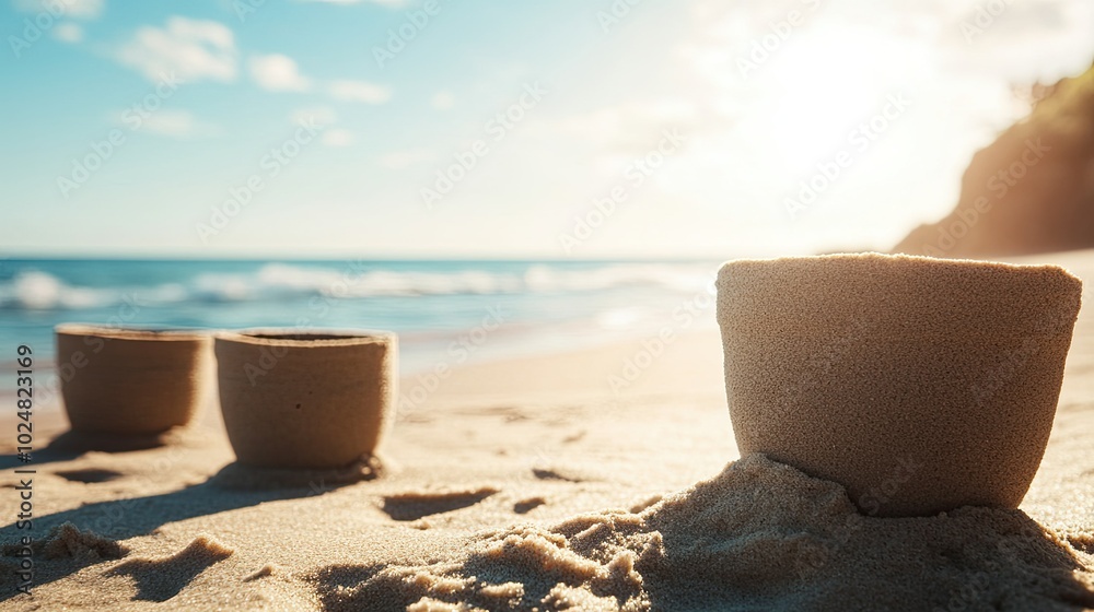 Close-up of sandcastle molds on a sunny beach, leaving space for copy Close-up of sandcastle molds on a sunny beach, leaving space for copy