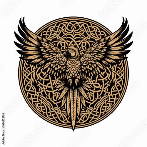 An intricate Viking parrot illustration featuring detailed Celtic knotwork in gold tones. This artwork is ideal for nature-themed projects, decorative posters, or mythology enthusiasts.