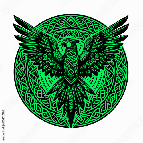 A Viking parrot rendered in intricate Celtic knotwork with bold gold tones. This artwork is ideal for those seeking a mix of Viking culture, wildlife art, and Celtic symbolism for tattoos, posters