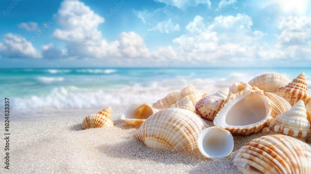 Close-up of seashells scattered on a summer beach, with space for text in the sky Close-up of seashells scattered on a summer beach, with space for text in the sky