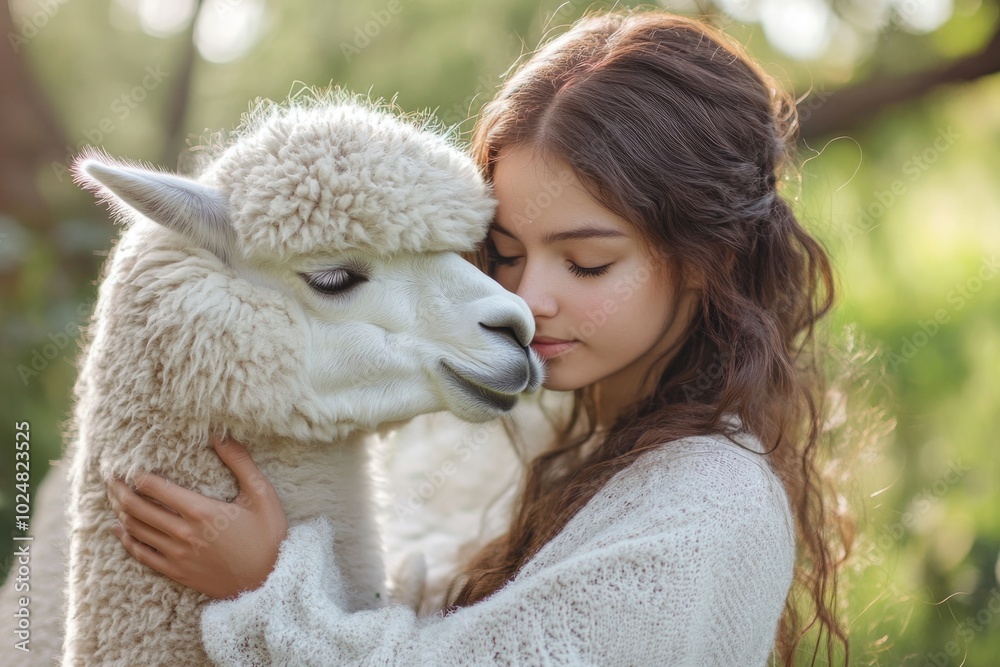 Tender moment between girl and llama in sunlit nature setting Tender moment between girl and llama in sunlit nature setting
