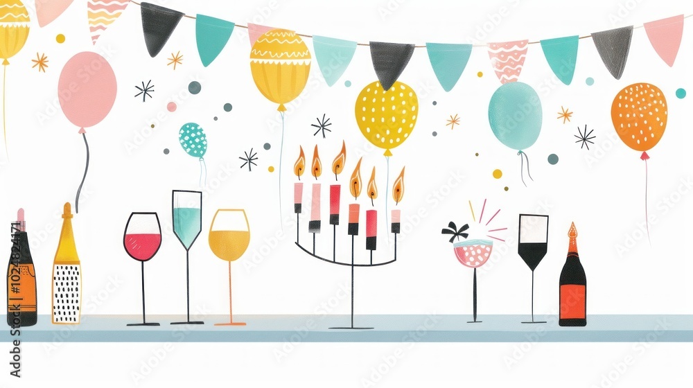 Hand-drawn festive party scene with balloons, banners, candleholder, and drinks on table Hand-drawn festive party scene with balloons, banners, candleholder, and drinks on table