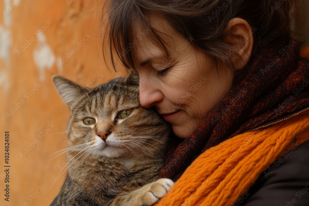 Tender moment between a woman and her cat in autumn colors Tender moment between a woman and her cat in autumn colors
