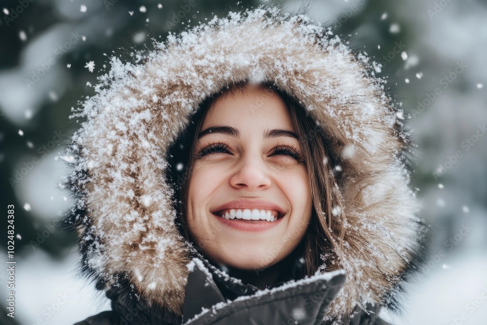 Joyful woman in fur hood smiling amid snowfall in winter wonderland