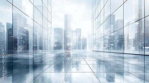 Modern Glass Building Interior with City Skyline View