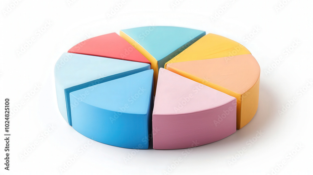 Obraz premium 3D Clay Style Pie Chart for Marketing, vibrant segments illustrating data distribution, creatively designed, clear presentation on a bright white backdrop, engaging visual element