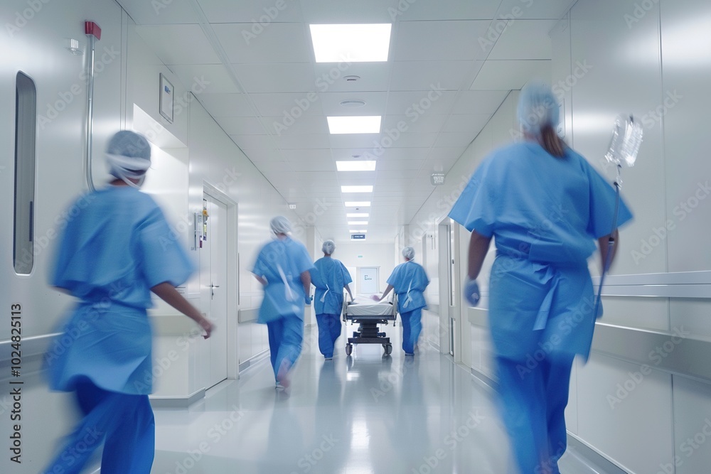Blurred figures of people with medical uniforms in hospital corridor Blurred figures of people with medical uniforms in hospital corridor