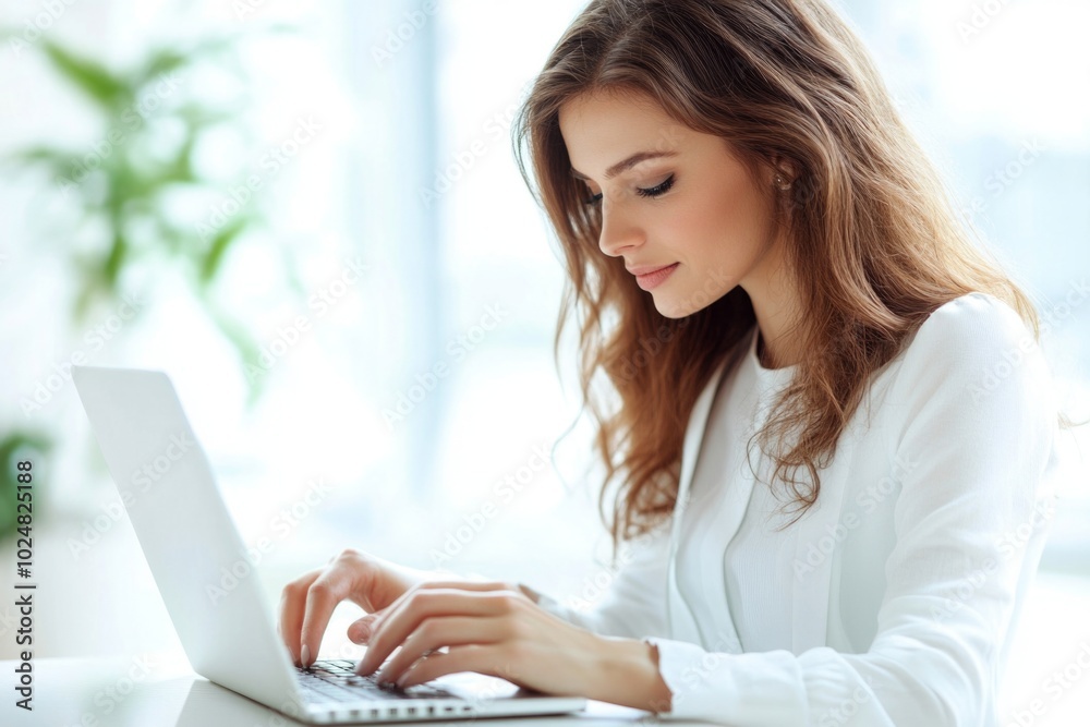 Professional woman working with laptop in bright modern office