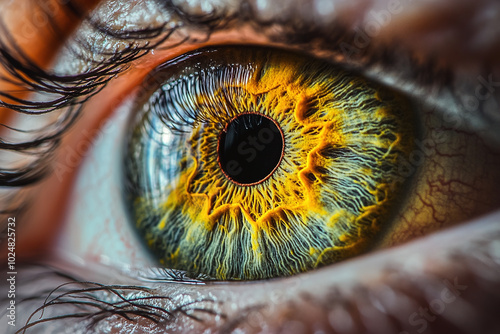 Close-up of Human Eye with Bright Vibrant Green, Brown and Yellow Iris, Macro Photo Shot