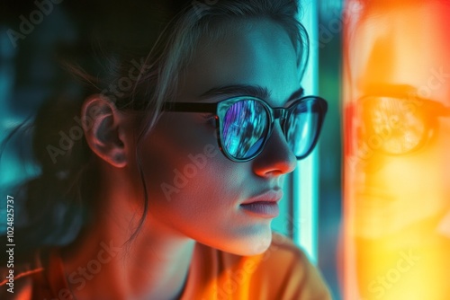 Pensive woman in glasses reflecting neon light by window