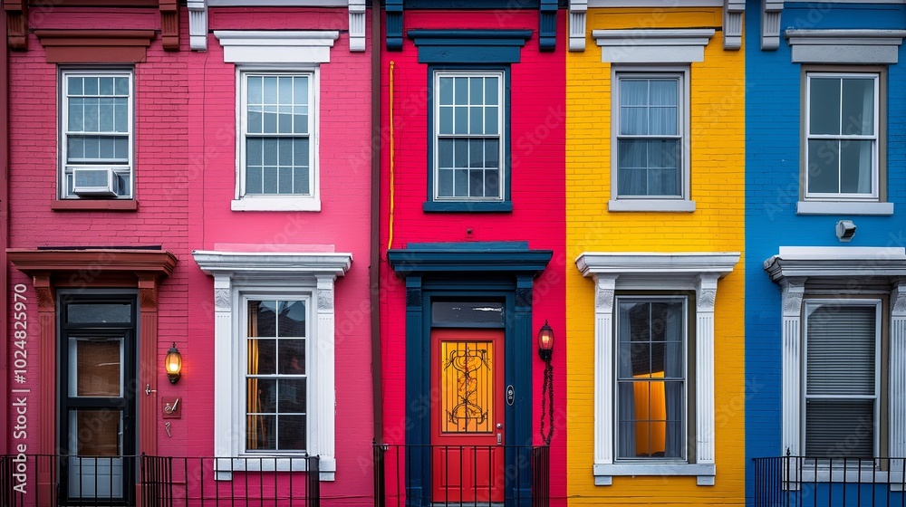 Obraz premium row of colorful houses, their windows glowing