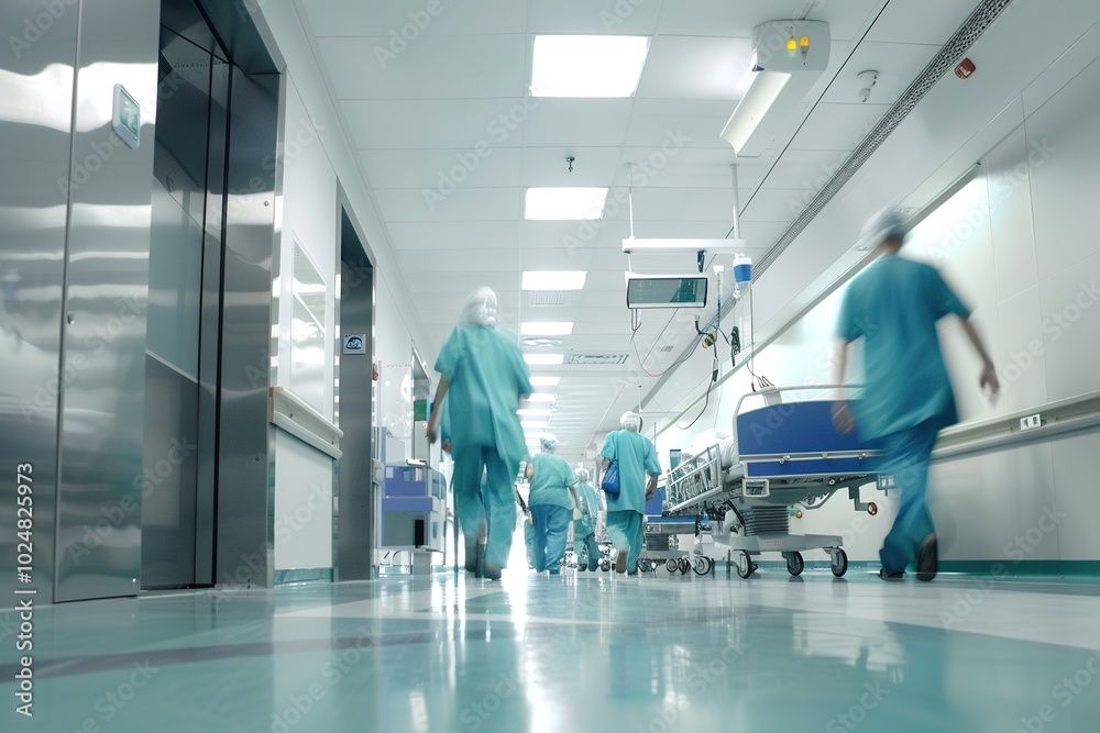 Blurred figures of people with medical uniforms in hospital corridor Blurred figures of people with medical uniforms in hospital corridor
