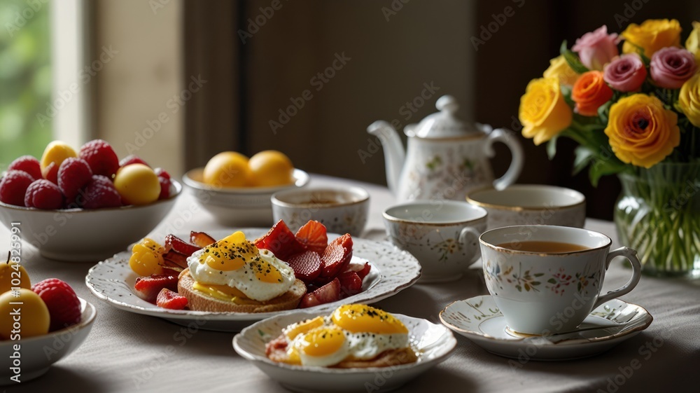 A table setting for breakfast with tea, eggs, fruit, and flowers. A table setting for breakfast with tea, eggs, fruit, and flowers.