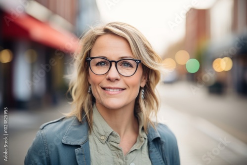 Portrait of smiling woman in eyeglasses looking at camera in city