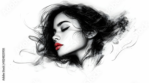 Artistic portrait of a woman with flowing hair and vibrant lips.