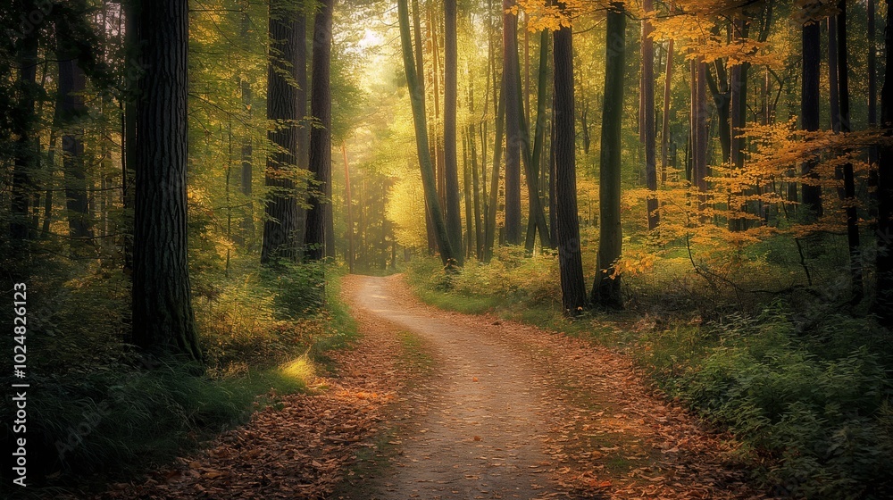 Fototapeta premium quiet forest path, lit only by the soft glow