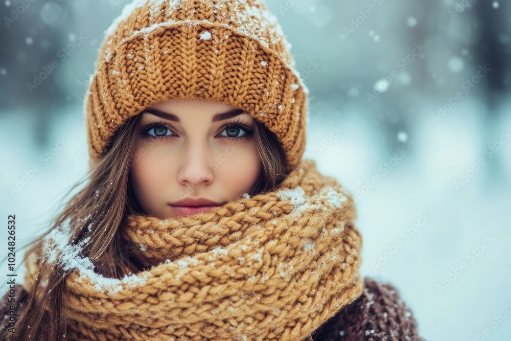 Winter fashion: woman in knitted hat and scarf amidst snowfall Winter fashion: woman in knitted hat and scarf amidst snowfall