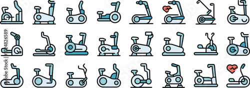 People training on stationary bicycle icons set. Outline set of people training on stationary bicycle vector icons for web design isolated on white background