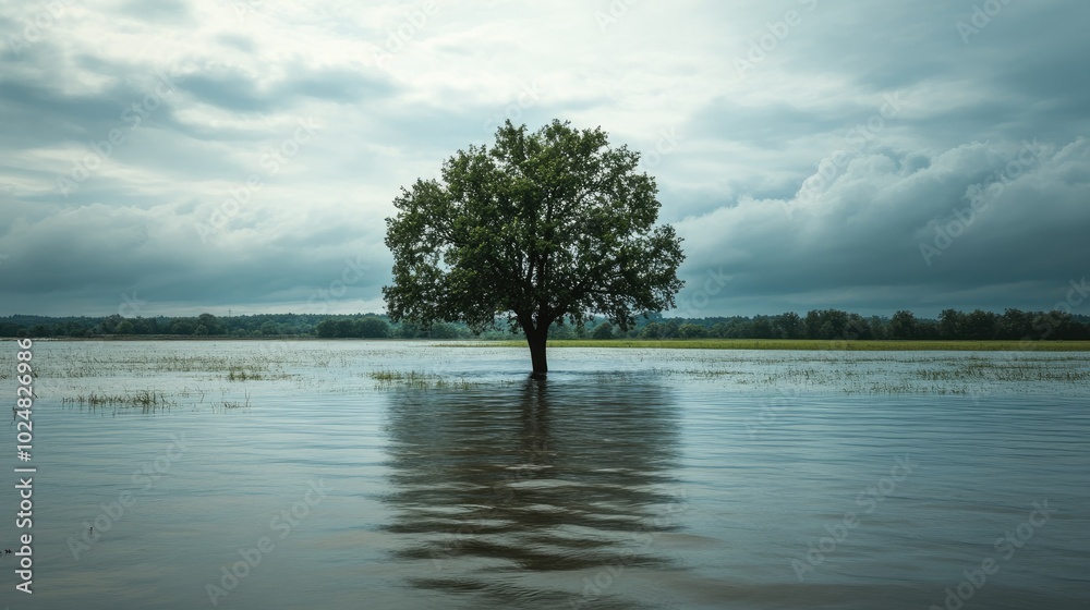 Floodwaters surrounding an isolated tree in a field, with plenty of space for text or branding Floodwaters surrounding an isolated tree in a field, with plenty of space for text or branding