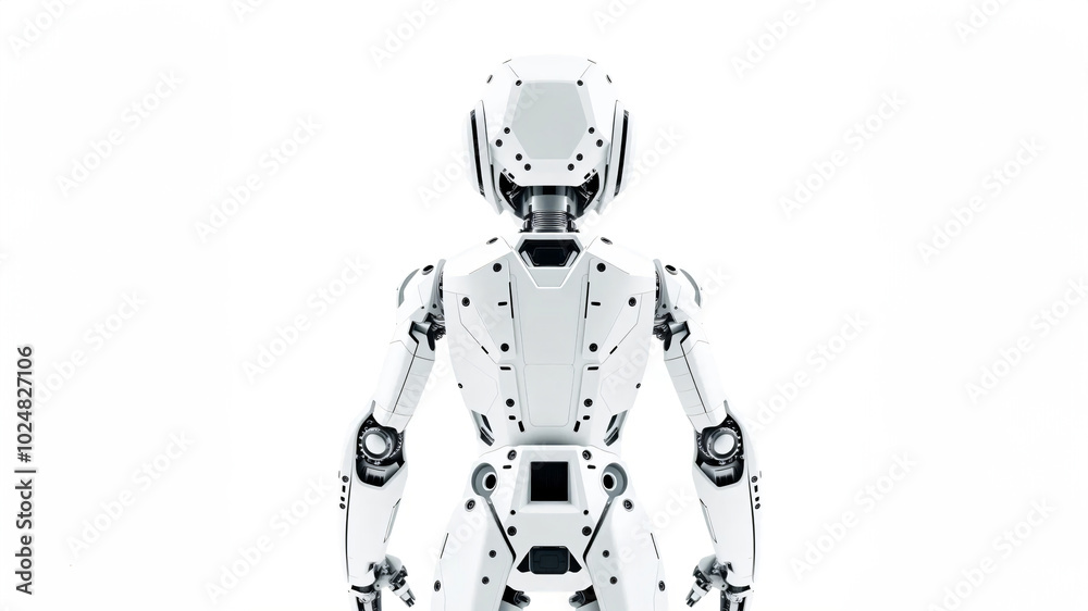 closeup of a clean white metal robot isolated on a empty white background closeup of a clean white metal robot isolated on a empty white background