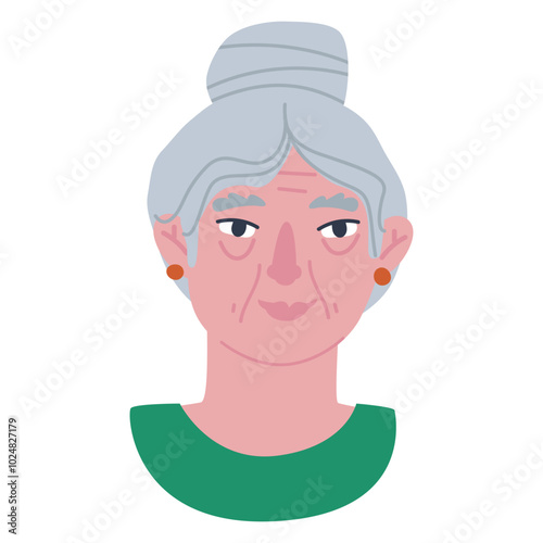Portrait of an elderly woman with shoulder-length gray hair. Flat vector illustration