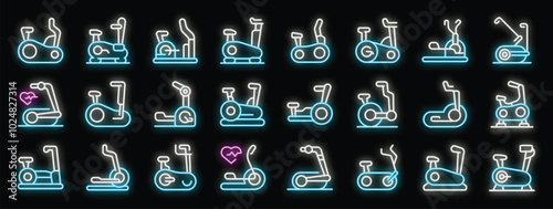 Glowing blue and pink neon signs depicting various types of stationary bikes, highlighting their use in fitness and exercise routines