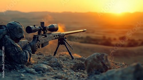 A soldier aims a sniper rifle at sunset, capturing a moment of focus and intensity in a vast landscape.