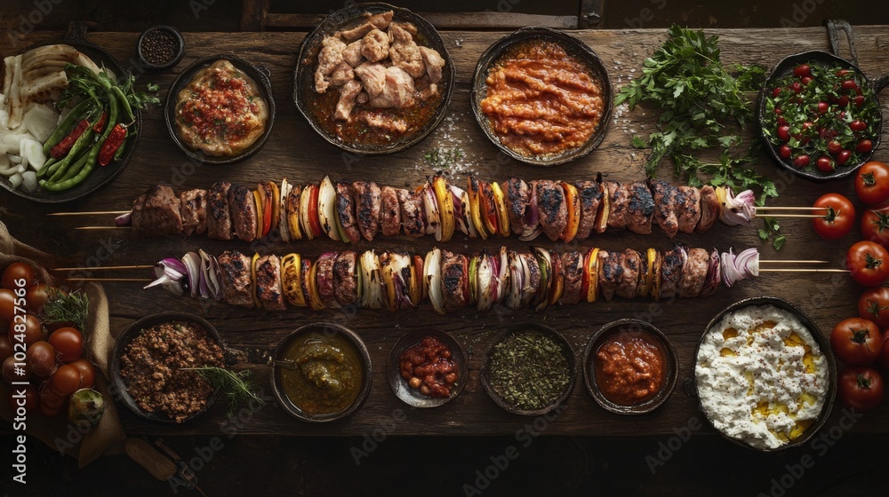 Grilled Skewers with Assorted Dishes on Rustic Table Grilled Skewers with Assorted Dishes on Rustic Table