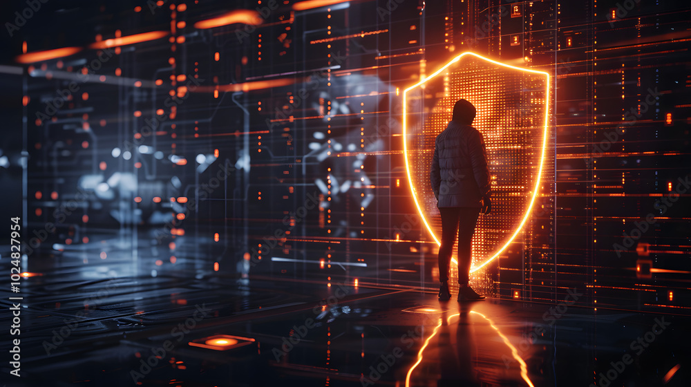 Personal Data Protection: A visual metaphor of a person surrounded by a glowing encryption shield, symbolizing the importance of personal data protection in the digital age Personal Data Protection: A visual metaphor of a person surrounded by a glowing encryption shield, symbolizing the importance of personal data protection in the digital age