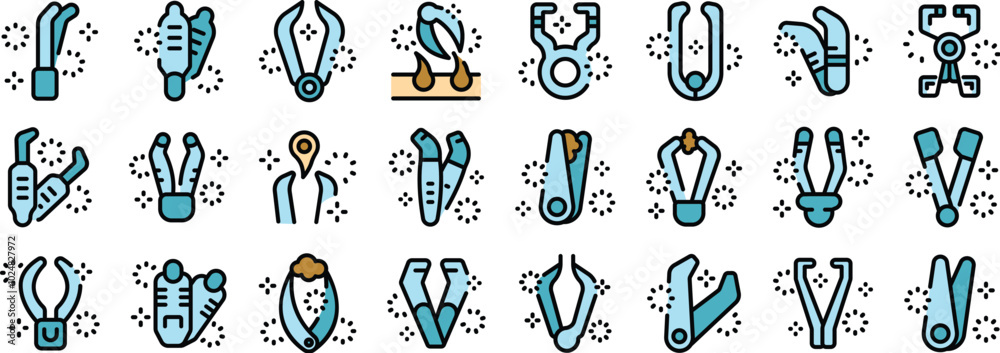 Set of various vector icons showing tools and methods for treating ingrown toenails Set of various vector icons showing tools and methods for treating ingrown toenails