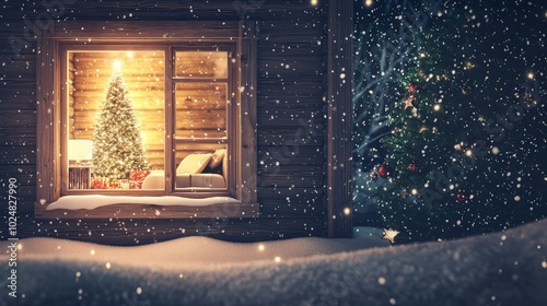 A cozy cabin with a Christmas tree inside, glowing warmly against a snowy backdrop. The window is adorned with falling snow, creating a magical atmosphere.