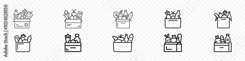 grocery line icon, Grocery Shopping Icon Set. Grocery box, vegetables, daily products, Groceries icon. Full basket of food, grocery shopping icon