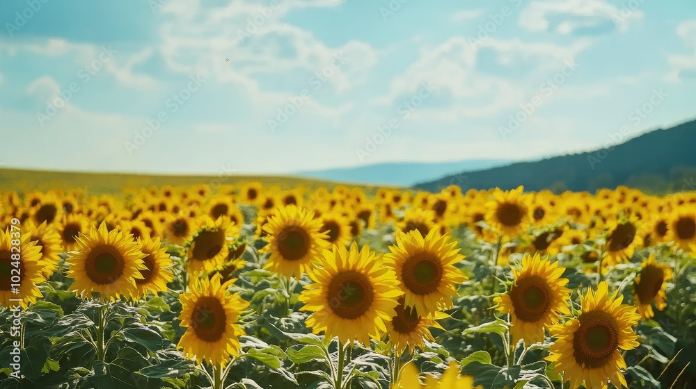 Fototapeta premium Scenic view of sunflower fields under a European summer sky, with open space for copy or branding
