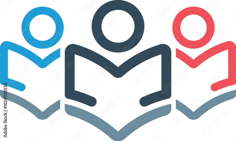 Modern educational logo with three people reading books together symbol Modern educational logo with three people reading books together symbol