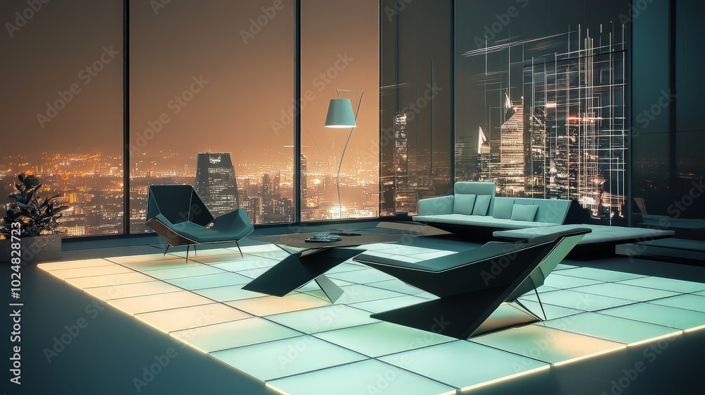Fototapeta premium Modern living room with futuristic furniture and city view at night.