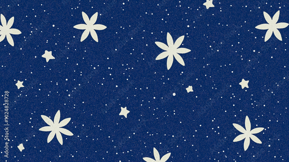 White star-like shapes scattered across a deep blue background, resembling a festive night sky or winter holiday motif. The simple pattern adds a playful, seasonal charm. White star-like shapes scattered across a deep blue background, resembling a festive night sky or winter holiday motif. The simple pattern adds a playful, seasonal charm.
