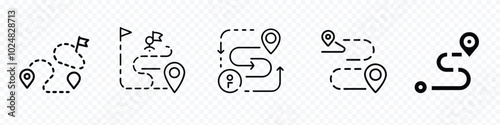 Icon of geolocation pin.Route icon between two points with dotted path and location pin. Location flag sign. Route location icon Map, one place to another location icon, Location map path distance
