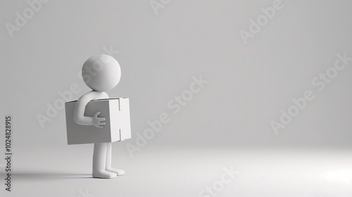 3d person with a box minimal 3d render of white figure on white background with shadows.