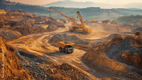 An expansive view of gold mining activity with trucks, cranes, and excavation equipment working at full capacity