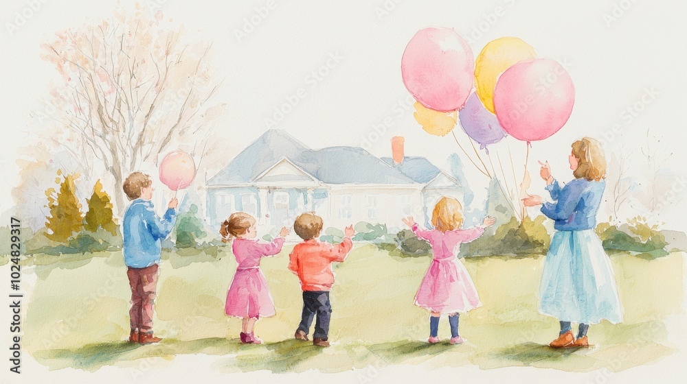 Children Playing with Balloons in Garden Setting Children Playing with Balloons in Garden Setting