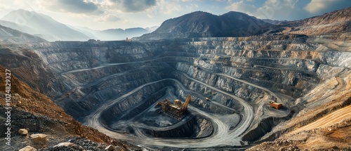 A massive silver mine stretching across a rugged landscape with heavy machinery and processing plants