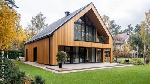 Modern wooden house with large windows and a patio in a green yard.