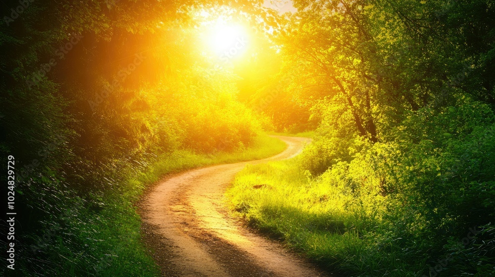 Sunlit summer path winding through a green forest, with space for copy in the sky Sunlit summer path winding through a green forest, with space for copy in the sky