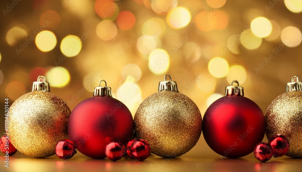 red and gold christmas balls on golden bokeh background red and gold christmas balls on golden bokeh background