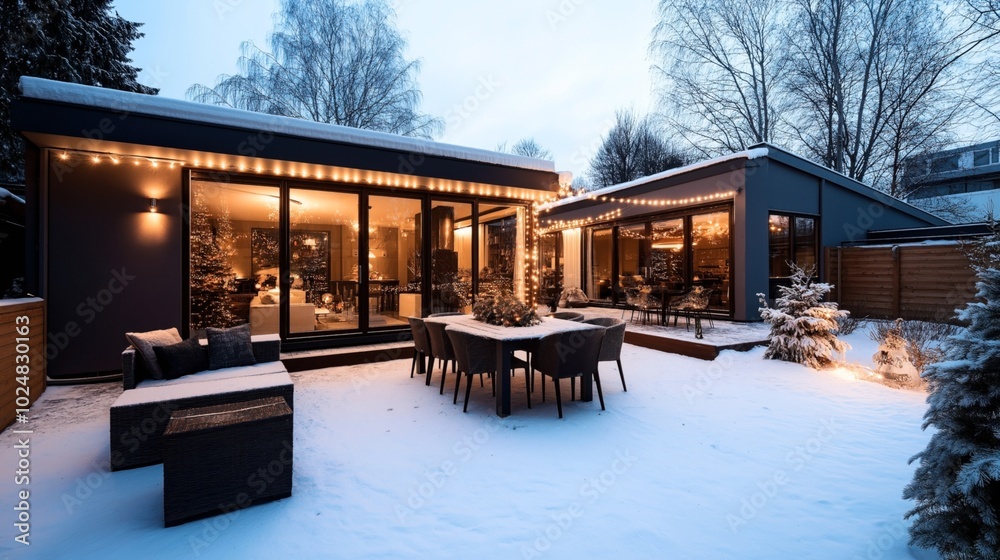 Obraz premium Modern house with festive outdoor lights and a snow-covered patio featuring furniture and a decorated Christmas tree visible through large windows.