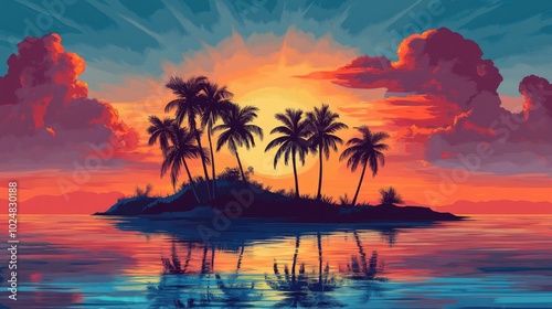 Tropical island at sunset, with palm trees and space for copy in the sky