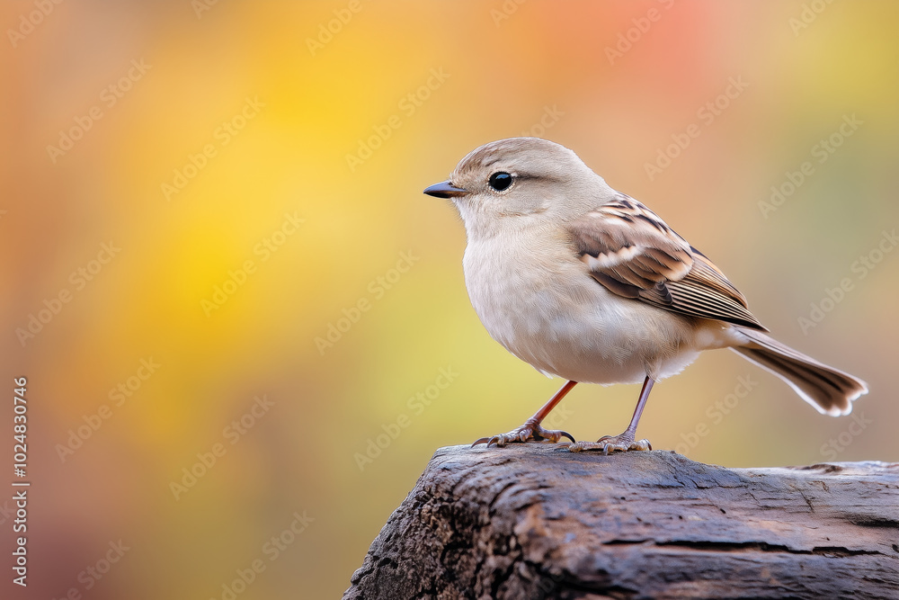 A small sparrow standing on a wooden log with a soft, colorful autumn background of warm yellow and orange hues A small sparrow standing on a wooden log with a soft, colorful autumn background of warm yellow and orange hues