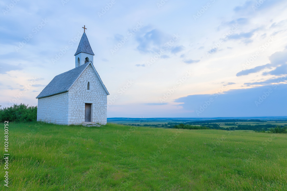 A small white stone chapel with a cross on top, standing in a green field with a wide rural landscape at dusk A small white stone chapel with a cross on top, standing in a green field with a wide rural landscape at dusk